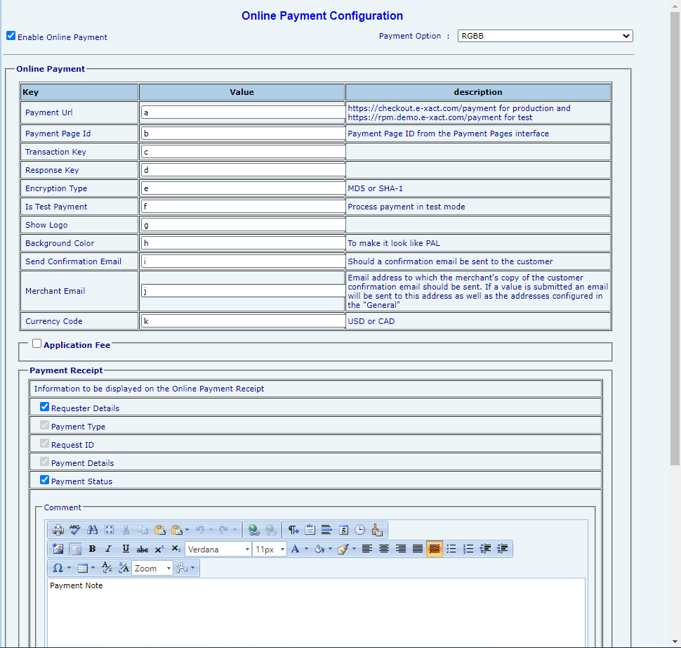 Online payment configuration settings including payment URL, merchant email, and receipt details.